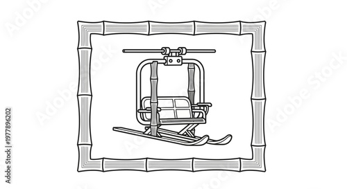 Vintage Ski Lift Chair with Skis and Bamboo Frame - Black and White Illustration