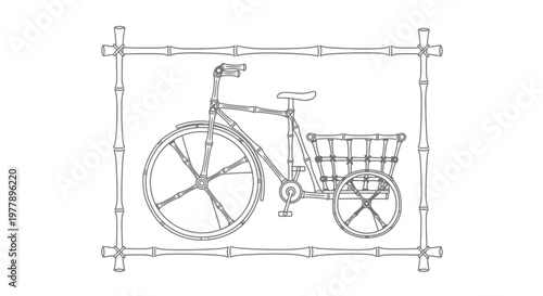 Vintage Tricycle Delivery Bike with Bamboo Frame and Basket, Line Art Illustration