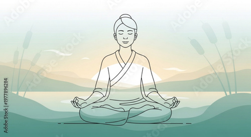 Woman meditating in serene lotus position by lake at sunset with mountains