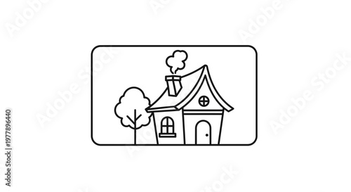 Whimsical Cartoon House with Tree and Smoke from Chimney, Simple Line Art Illustration