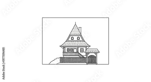 Whimsical Storybook House Drawing, Fantasy Cottage Architecture, Fairytale Home Illustration