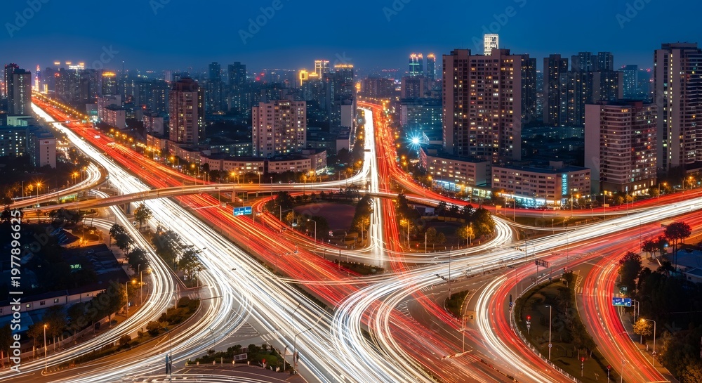 Fototapeta premium Night City Traffic Long Exposure with Dynamic Light Trails and Skyline