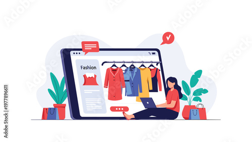 Young lady uses her laptop to browse a large digital fashion storefront displayed on a tablet screen for convenient online shopping.
