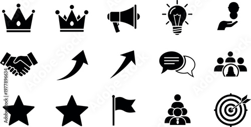 Business leadership and success icon set featuring strategy growth communication teamwork target achievement and corporate branding symbols for marketing use