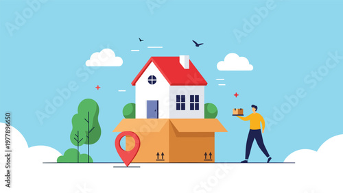 Small house emerges from a large cardboard box while a delivery person carries a package next to a red location pin for relocation services.