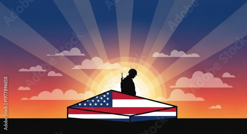 Silhouette of a soldier saluting on an american flag coffin at sunset with vibrant sky and clouds