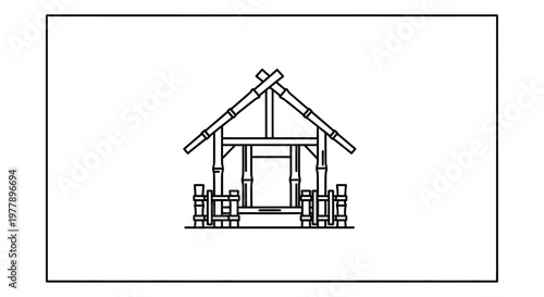 Traditional Bamboo Hut Architecture Line Art Illustration