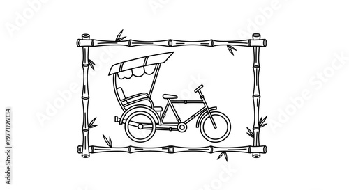 Traditional Rickshaw Bicycle in Bamboo Frame, Asian Transport Illustration