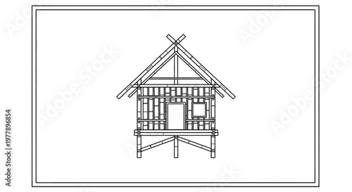 Traditional Stilt House Construction Blueprint, Rural Asian Architecture Sketch