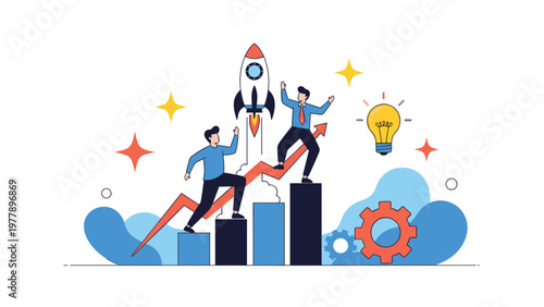 Ambitious businessmen climb a rising bar chart towards a launched rocket symbolizing rapid business growth, innovation, and career success.