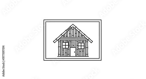 Simple Line Drawing of a Wooden Cabin House with Windows and Door