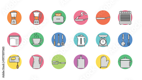 Comprehensive set of eighteen colorful circular icons features essential kitchen appliances and tools for cooking and food preparation.