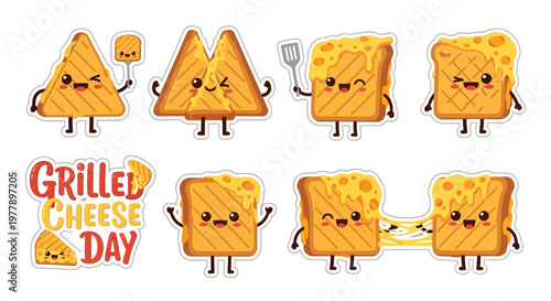 Cheerful vector illustrations celebrating Grilled Cheese Day showcase adorable cartoon grilled cheese sandwiches with melted cheese in various shapes and poses, set against a clean white