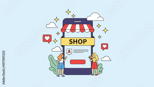 Two customers browse a mobile shopping application on a giant smartphone that features a red and white striped shop awning.