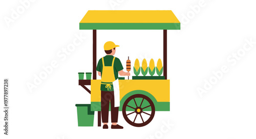 Flat Vector Illustration of Roasted Corn Vendor and Street Food Cart, Night Market and Culinary Concept.
