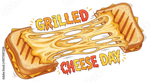 A vector illustration celebrating Grilled Cheese Day shows a close-up of a cheesy sandwich with melted cheese stretching between two slices of crispy bread against a clean white background