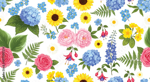 Colorful Flowers Pattern with Roses Sunflowers Hydrangeas