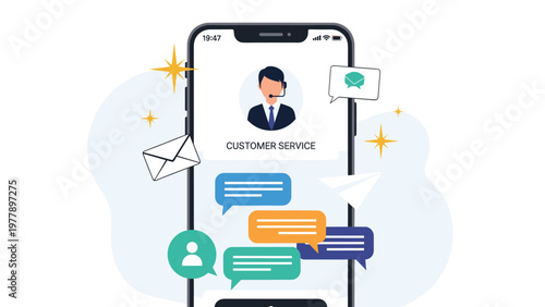 Smartphone screen displays a professional customer service representative and multiple chat message bubbles for real-time support.