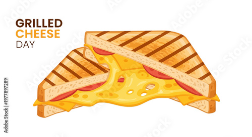 Festive vector illustrations celebrate Grilled Cheese Day with a close-up of a cheesy sandwich, featuring melted cheese oozing from crispy bread in a homemade comfort food concept