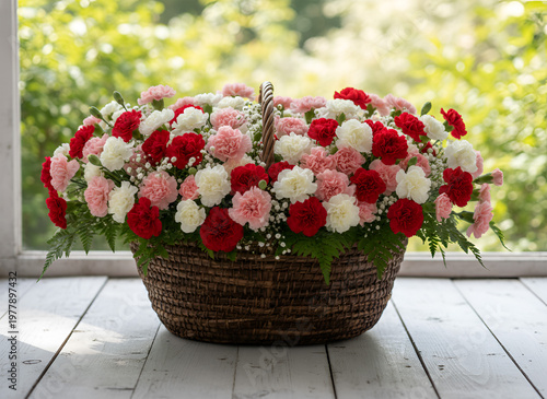Beautiful fresh pink and red carnation flowers, floral background for Mother's Day
