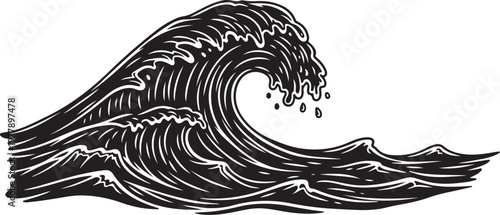 A large ocean wave crashes with white and black