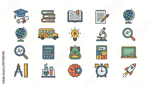 Colorful educational icons for learning and school.