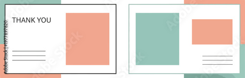 Modern graphic design concept for a minimalist thank you postcard template, featuring a clean layout with colorful geometric shapes and customizable text placeholders