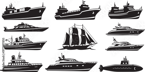 Collection of various boats and ships in black silhouettes