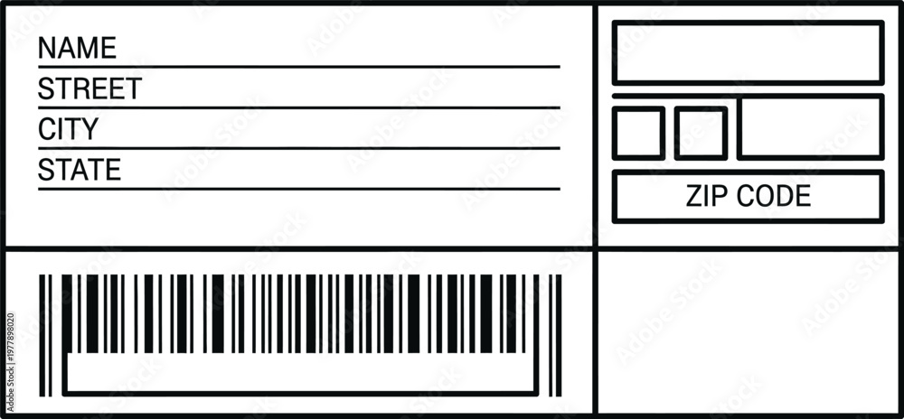 Naklejka premium Streamlined Address Label Template with Barcode for Fast Shipping, Featuring Fields for Name, Street, City, State, and Zip Code, Optimizing Mailing Processes