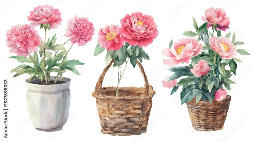 Obraz premium Watercolor illustrations of eight potted and hanging pink flowering plants on transparent background