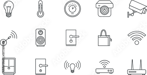 Smart home and security icon set featuring IoT devices surveillance locks sensors lighting and wireless connectivity line symbols