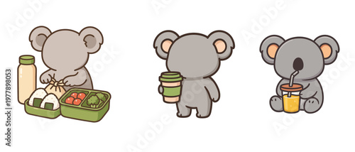 Cute koalas holding drinks and lunch box flat illustration