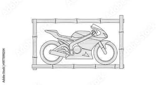Motorcycle Silhouette Carved in Bamboo Frame, Artistic Design