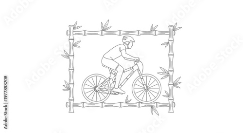 Mountain Biker Riding Through Bamboo Frame - Line Art Illustration