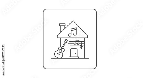 Music House Icon: Guitar, Notes, and Building Outline