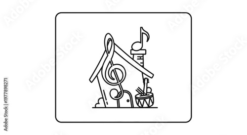 Musical House Concept: G Clef, Notes, Drum, Guitar in a Whimsical Building Outline