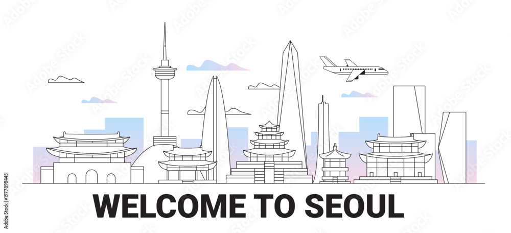 Obraz premium Seoul city skyline tourism landmarks airplane modern buildings traditional architecture pastel clouds website banner