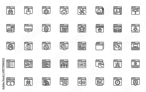 Browser Windows icon set. Vector web icons collection. Includes incognito, scrolling, settings, homepage, error, video player, social media, ecommerce, UI design, login and more. Editable stroke.