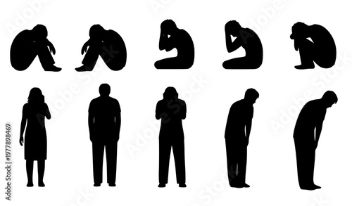 Sad and worried people silhouette vector set stress anxiety and emotional human poses