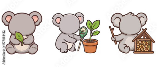 Cute koalas holding leaves and gardening tools flat