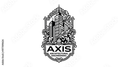 Black and white logo design with building and floral elements.