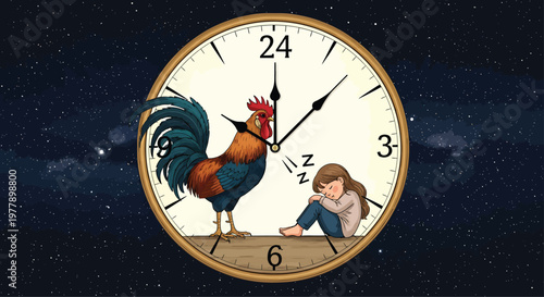 Rooster Waking Up Girl on Clock at Midnight