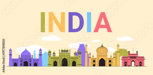 India landmarks skyline travel tourism concept colorful famous monuments clouds pastel background banner