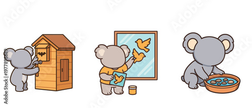 Koala characters doing outdoor and artistic activities