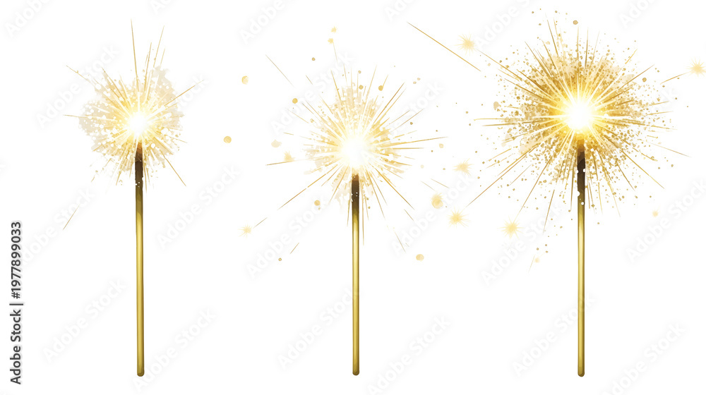 Obraz premium Three lit sparklers with bright golden bursts and smoke trails, isolated on transparent background, festive celebration concept.