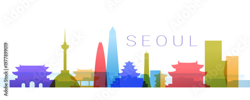 Seoul skyline colorful city landmarks modern architecture traditional buildings abstract cityscape white background banner