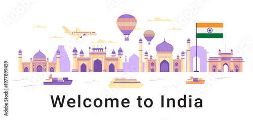 India travel landmarks tourism concept cityscape with famous monuments hot air balloons airplane ships Indian flag pastel colors flat design banner