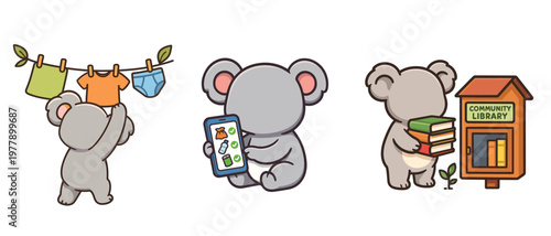 Cute Koalas Hanging Clothes Checking List and Carrying Books