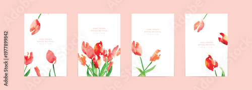 水彩画。水彩タッチのチューリップの春ハガキデザイン。春のチューリップベクターイラスト。
Watercolor painting. Spring postcards featuring watercolor-style tulips. Each postcard features a different design illustration of spring tulips.