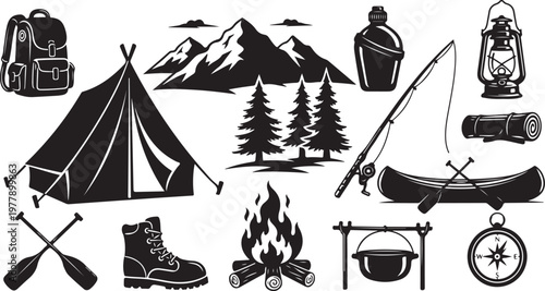 Camping and hiking equipment icons in black and white
